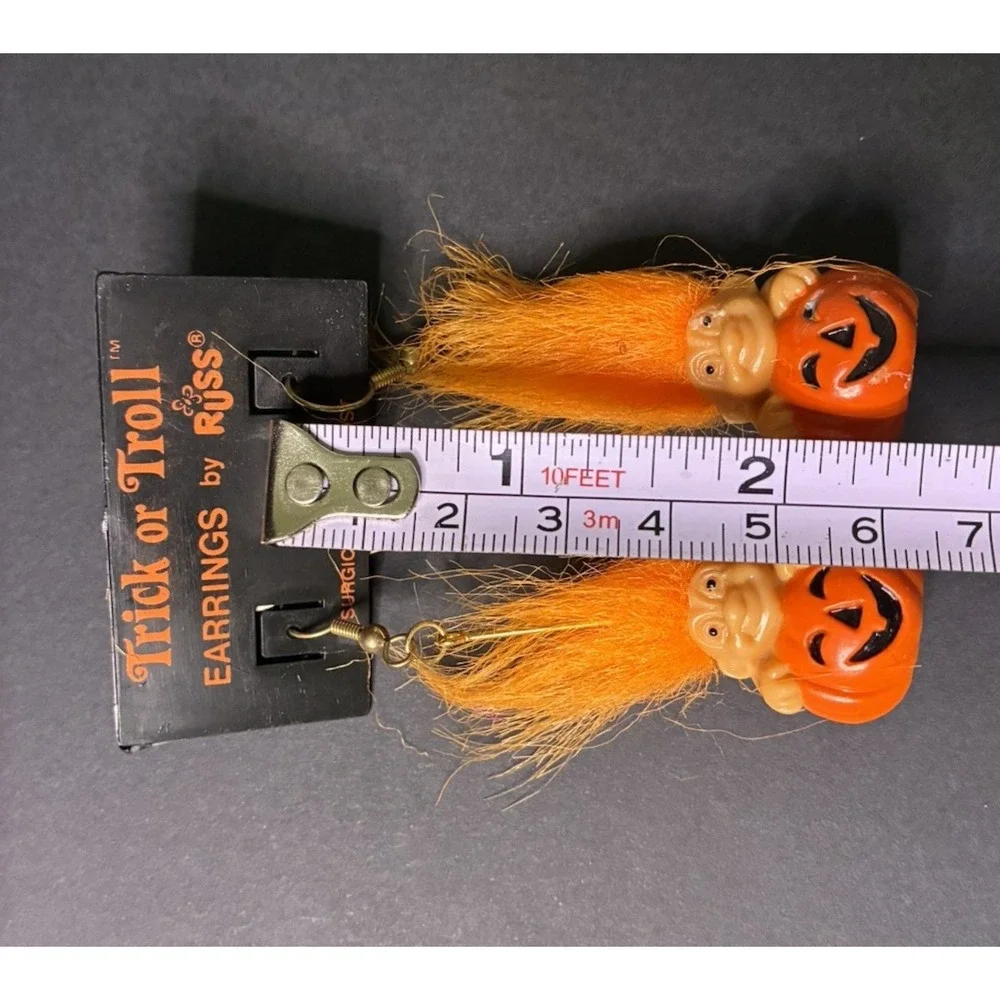 VTG Halloween Troll Doll Earrings RUSS Pumpkin Jack O Lantern Pierced Dangle y2k